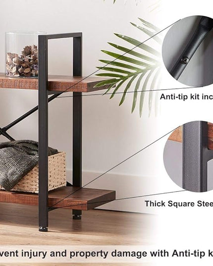HSH Natural Real Wood Bookshelf, 2 Tier Small Rustic Vintage Industrial Etagere Bookcase, Low Open Metal Farmhouse Solid Wooden Book Shelf, 2 Shelf Bookcase for Living Room Bedroom, Distressed Brown - LeafyLoom