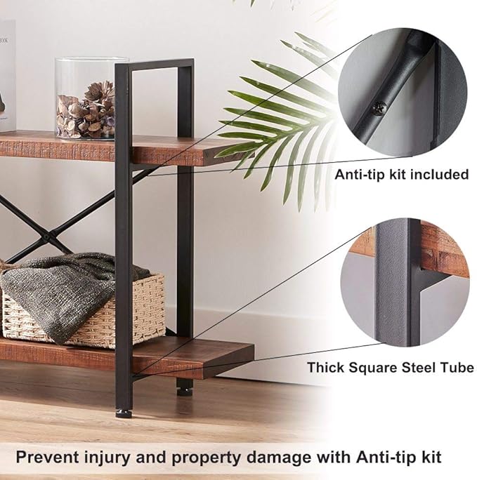 HSH Natural Real Wood Bookshelf, 2 Tier Small Rustic Vintage Industrial Etagere Bookcase, Low Open Metal Farmhouse Solid Wooden Book Shelf, 2 Shelf Bookcase for Living Room Bedroom, Distressed Brown - LeafyLoom
