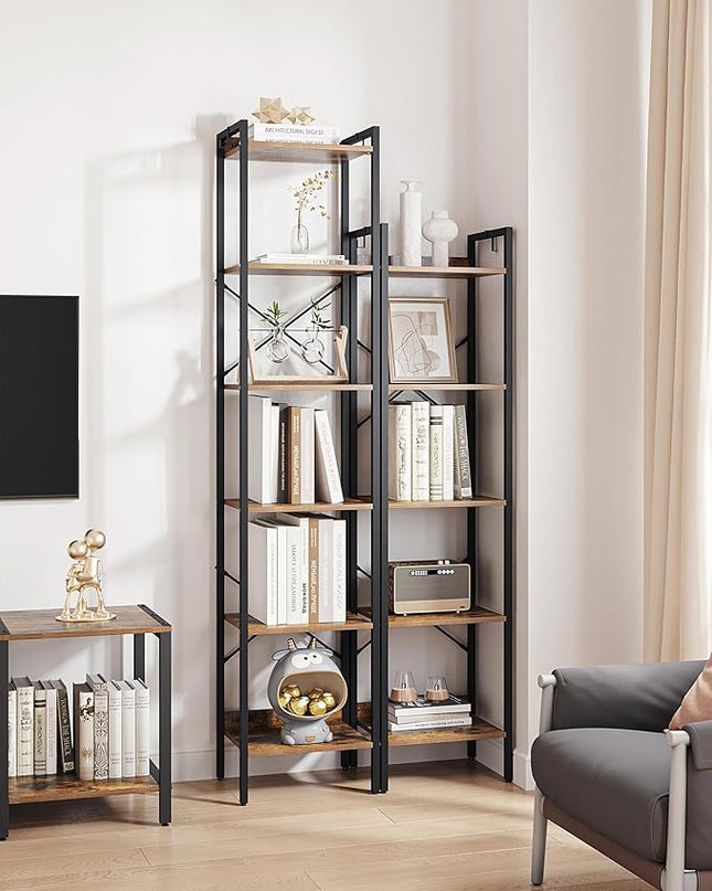 Bookshelf, Book Shelf, Industrial Bookcase with 2 Hooks, Coner Shelf Storage Organizer for Home Office, Living Room, Bedroom, Kitchen, 6-Tier Rustic Brown BC10701B - LeafyLoom