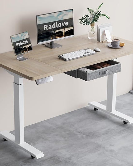 Radlove Dual Motors Height Adjustable 55 x 30'' Electric Standing Desk with Drawer Stand Up Table 4 Memory Keys, Computer Desk with Splice Board Home Office Desk, Oak Top + White Frame - LeafyLoom