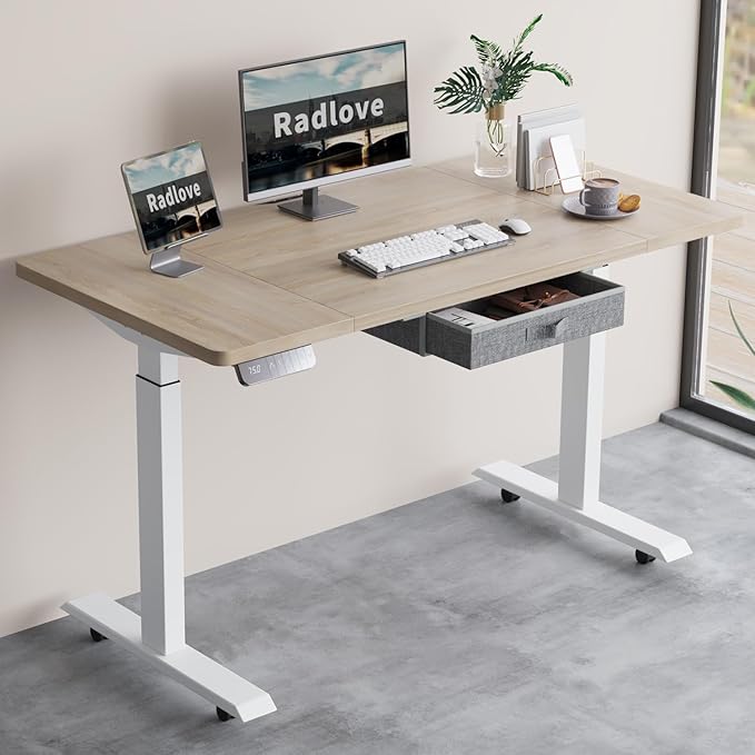 Radlove Dual Motors Height Adjustable 55 x 30'' Electric Standing Desk with Drawer Stand Up Table 4 Memory Keys, Computer Desk with Splice Board Home Office Desk, Oak Top + White Frame - LeafyLoom
