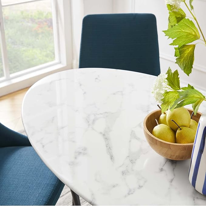 Modway Lippa 48" Oval-Shaped Mid-Century Modern Dining Table with Artificial Marble Top and White Base - LeafyLoom