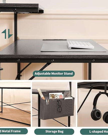 Yoobure Computer Desk with Power Outlets Fast Charging Type-C Included, Gaming Desk with LED Lights, 47" Office Desk with Adjustable Monitor Stand, Small Desk Home Office Desks with Storage Bag & Hook - LeafyLoom