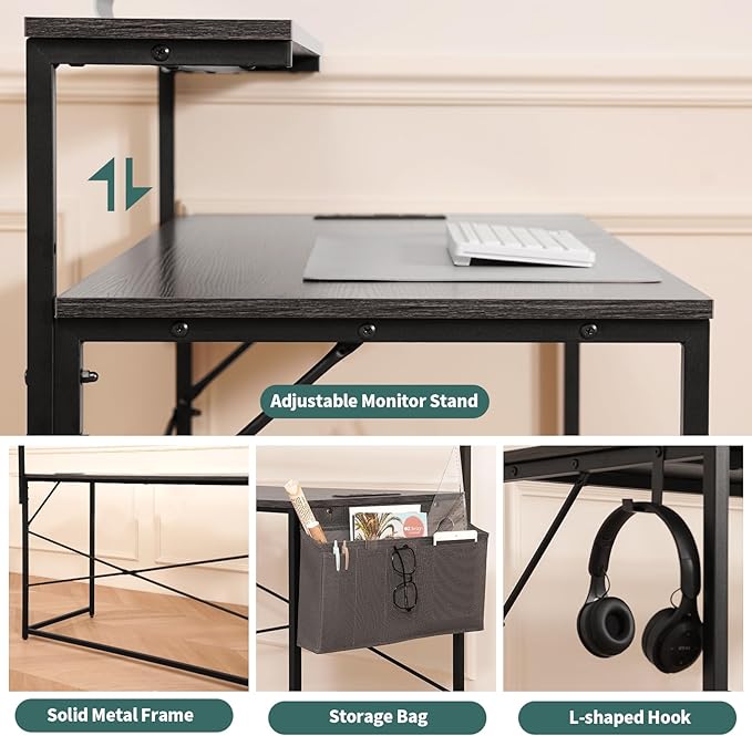 Yoobure Computer Desk with Power Outlets Fast Charging Type-C Included, Gaming Desk with LED Lights, 47" Office Desk with Adjustable Monitor Stand, Small Desk Home Office Desks with Storage Bag & Hook - LeafyLoom