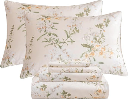 QSH Floral King Size Sheet Sets - 100% Egyptian Cotton Floral Bedding Sheets Yellow Green Leaves Flower Pattern Printed Bedding King Size Bed Sheets 17.5" Extra Deep Pocket 4pcs - LeafyLoom