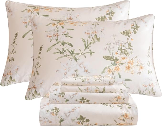 QSH Floral King Size Sheet Sets - 100% Egyptian Cotton Floral Bedding Sheets Yellow Green Leaves Flower Pattern Printed Bedding King Size Bed Sheets 17.5" Extra Deep Pocket 4pcs - LeafyLoom