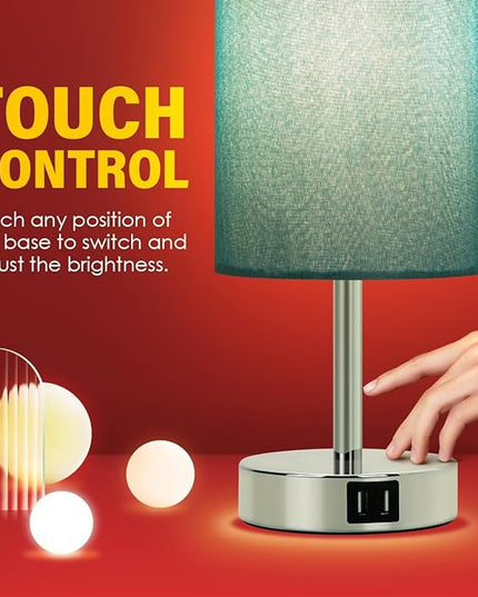 Yarra-Decor Bedside Lamp with USB port - Touch Control Table for Bedroom Wood 3 Way Dimmable Nightstand Round Denim Shade Living Room, Kids College Dorm, Office(LED Bulb Included), Td-001 Denim - LeafyLoom