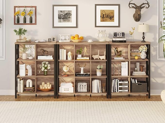 FATORRI 9 Cube Storage Bookshelf, Industrial 4 Shelf Book Shelf, Farmhouse Wood and Metal Cubby Bookcase for Home Office (39.37" W, Rustic Oak) - LeafyLoom