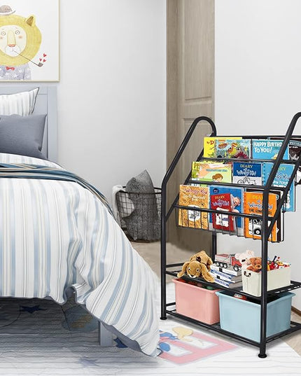 aboxoo Metal Kids Bookshelf Black Toy Chests & Organizers Large Freestanding for Children Toy Chests & OrganizersRoom 25 in Toy Organizer Large Stable Bookcase Bookstore Library Bed Living Room - LeafyLoom