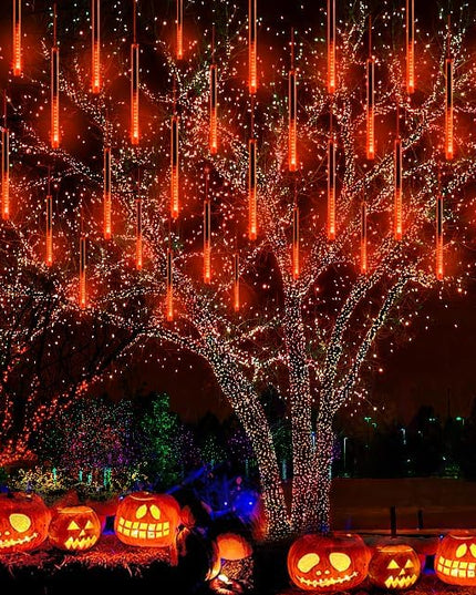 Halloween Decorations Outside, Kwaiffeo Waterproof Orange Meteor Shower Lights for Halloween Decorations Outdoor, 8-Tube Falling Rain Lights for Fall Decor Autumn Decoration Thanksgiving Yard, UL Plug Kwaiffeo