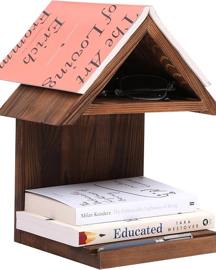 Floating Bedside Wood Bookshelf, Triangle Book Page Holder, Wooden Simple Bookcase for Bedroom Nightstand Library Office or Wall Decor Storage (Brown - LeafyLoom