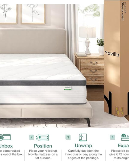 Novilla Full Size Mattress, 10 Inch Full Hybrid Mattress in a Box, Pocket Innerspring Mattress Full for Motion Isolation, Pressure Relief, Sopportive & Firm Feel - LeafyLoom
