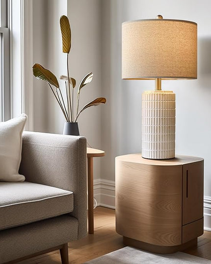 PoKat 23" Modern Ceramic Table Lamp Set of 2 for Living Room White Desk Lamps for Bedroom Farmhouse Bedside Nightstand Bedside Lamp End Table Lamps Beige - LeafyLoom