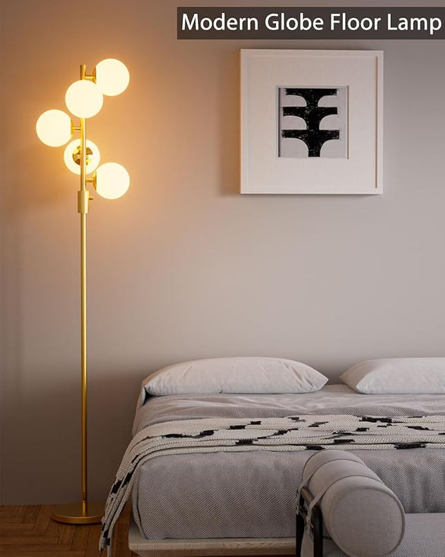 Lightdot Dimmable (Brightness Adjustable) Globe Floor Lamp, Gold Standing Lamps with 5PCS 3000K G9 Bulbs, Mid Century Modern Floor Lamp for Living Room Bedroom Office - LeafyLoom