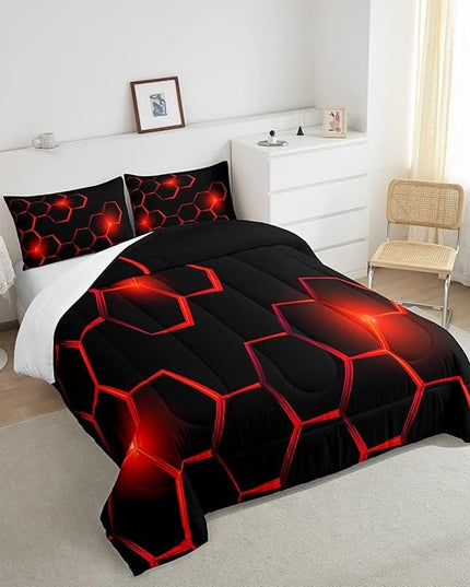 Honeycomb Kids Comforter Set Modern Geometry Hexagon Bedding Set for Boys Children Teens Bedroom Decor Geometrical Comforter Beehive Geometric Black Red Duvet Set Queen Size with 3 Pillow Case - LeafyLoom
