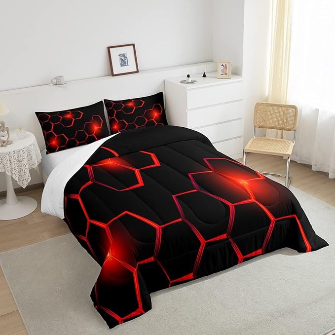 Honeycomb Kids Comforter Set Modern Geometry Hexagon Bedding Set for Boys Children Teens Bedroom Decor Geometrical Comforter Beehive Geometric Black Red Duvet Set Queen Size with 3 Pillow Case - LeafyLoom