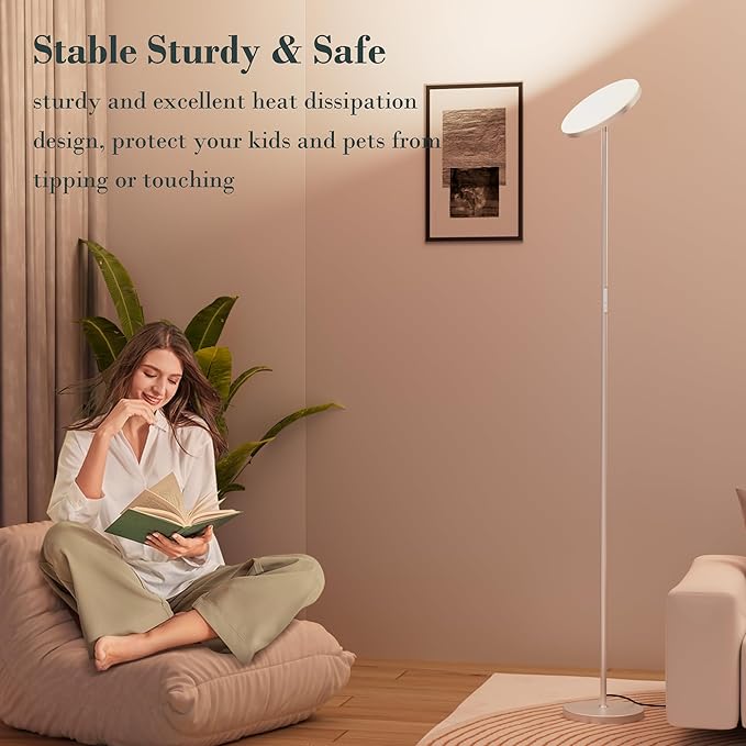 LED Floor Lamp, 30W/2500LM Super Bright Standing Light, Modern Torchiere Sky Lamp with 4 Color Temperatures, Remote Touch Control, Corner Lighting for Living Room, Bedroom, Office, Silver Grey - LeafyLoom
