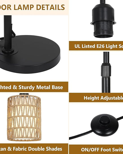 Floor Lamps for Living Room Bright Lighting, Boho Rattan Floor Lamp, Modern Farmhouse Standing Lamp with 2-in-1 Rattan Shades, Minimalist Industrial Tall Pole Lamp for Bedroom Office, Black - LeafyLoom