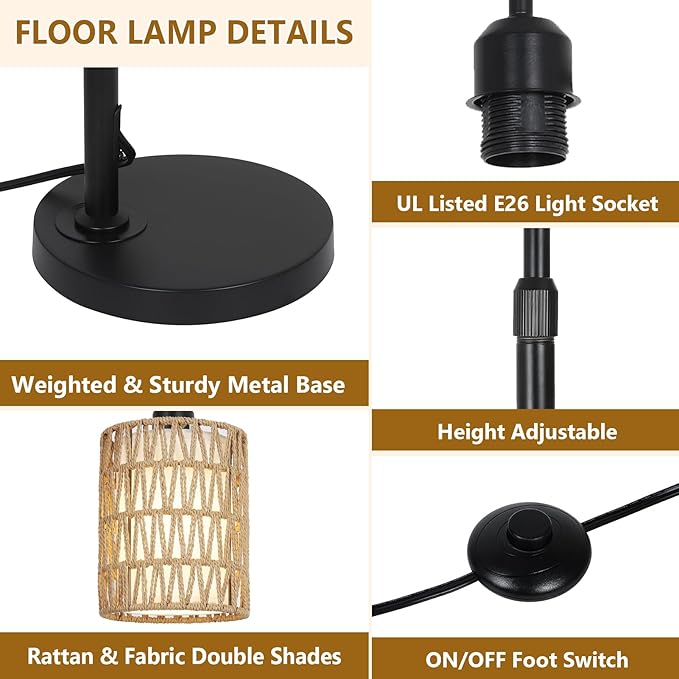 Floor Lamps for Living Room Bright Lighting, Boho Rattan Floor Lamp, Modern Farmhouse Standing Lamp with 2-in-1 Rattan Shades, Minimalist Industrial Tall Pole Lamp for Bedroom Office, Black - LeafyLoom