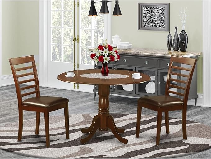 East West Furniture DLML3-MAH-LC 3 Piece Room Furniture Set Contains a Round Kitchen Table with Dropleaf and 2 Faux Leather Upholstered Dining Chairs, 42x42 Inch - LeafyLoom