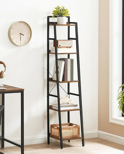 HOOBRO Bookcase, 5-Tier Narrow Bookshelf, Industrial Ladder Shelf, Skinny Bookshelf for Small Spaces, Corner Storage Shelf for Home Office, Living Room, Rustic Brown and Black BF35SJ01 - LeafyLoom