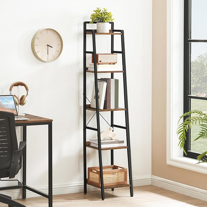 HOOBRO Bookcase, 5-Tier Narrow Bookshelf, Industrial Ladder Shelf, Skinny Bookshelf for Small Spaces, Corner Storage Shelf for Home Office, Living Room, Rustic Brown and Black BF35SJ01 - LeafyLoom