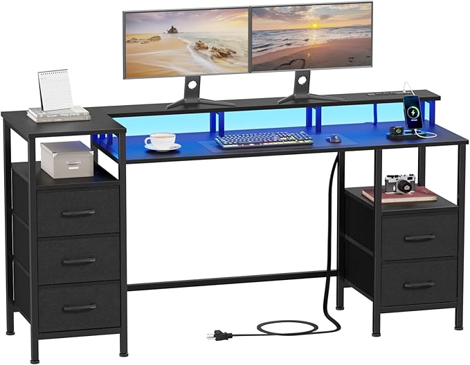 Computer Desk with Power Outlets & LED Lights, Gaming Desk with 5 Fabric Drawers for Bedroom, 55 Inch Home Office Desk with Monitor Stand & Storage Shelves for Working, Black - LeafyLoom