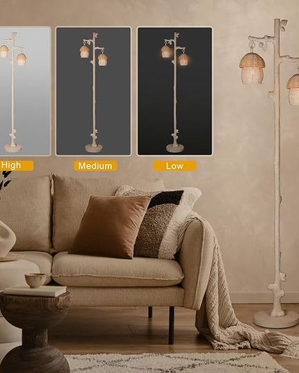 Rattan Floor Lamp with Faux Wood Finish, Boho Floor Lamps with Faux Pinecone and Leaves Decor, Beige - LeafyLoom