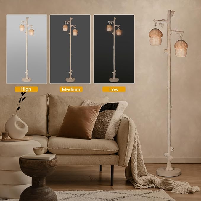 Rattan Floor Lamp with Faux Wood Finish, Boho Floor Lamps with Faux Pinecone and Leaves Decor, Beige - LeafyLoom