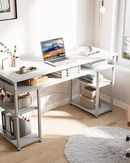 AODK 48 Inch Small Computer Desk with Power Outlets, Writing Desk with Storage Shelves Headphone Hook, Student Laptop PC Desks for Small Spaces Home Office, White - LeafyLoom