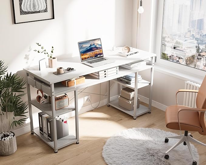 AODK 48 Inch Small Computer Desk with Power Outlets, Writing Desk with Storage Shelves Headphone Hook, Student Laptop PC Desks for Small Spaces Home Office, White - LeafyLoom