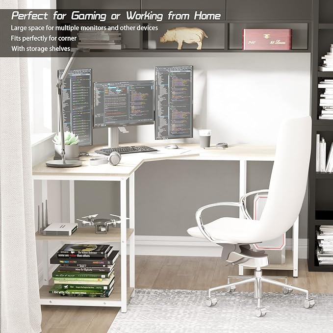 Elephance Large L-Shaped Computer Desk with Shelves, Corner Desk, Home Office Writing Workstation, Gaming Desk PC Latop Table with Storage - LeafyLoom