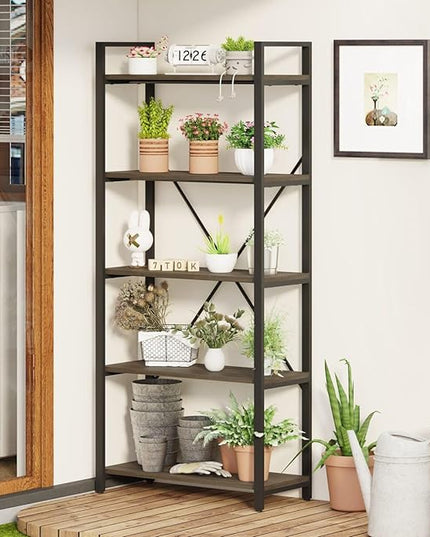 FATORRI 5 Tier Industrial Bookshelf, Rustic Etagere Bookcase for Display, Vintage Shelving Unit Wood and Metal Tall Book Shelves for Home Office (Walnut Brown) - LeafyLoom