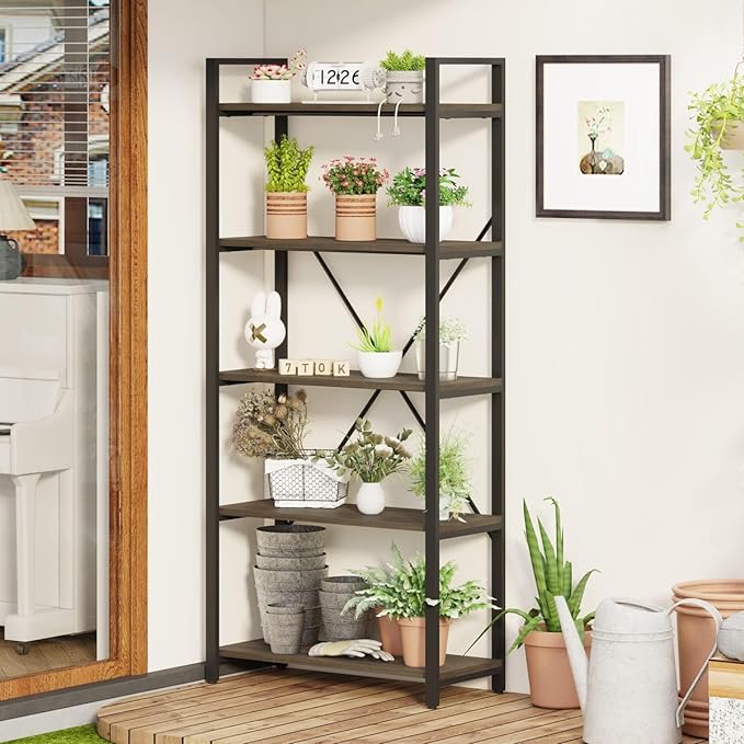 FATORRI 5 Tier Industrial Bookshelf, Rustic Etagere Bookcase for Display, Vintage Shelving Unit Wood and Metal Tall Book Shelves for Home Office (Walnut Brown) - LeafyLoom