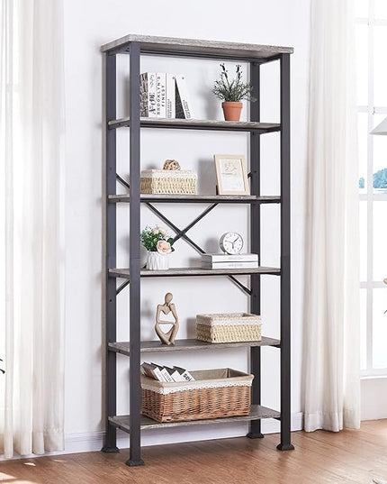 HOMBAZAAR Bookshelf, 6-Tier Vintage Industrial Book Shelf, Rustic Wood and Metal Bookcase and Bookshelves, Free Standing Storage Large Bookshelf for Living Room, Bedroom and Kitchen, Grey Oak - LeafyLoom