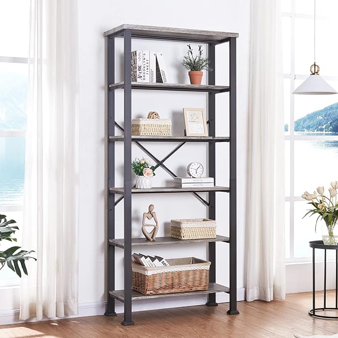 HOMBAZAAR Bookshelf, 6-Tier Vintage Industrial Book Shelf, Rustic Wood and Metal Bookcase and Bookshelves, Free Standing Storage Large Bookshelf for Living Room, Bedroom and Kitchen, Grey Oak - LeafyLoom
