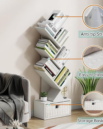 Vagusicc 6 Tier Tree Bookshelf, Modern Floor Standing Bookcase with Storage Drawer, Tall Wood Book Storage Rack for CDs/Books, Utility Book Organizer Shelves for Bedroom/Living Room/Home Office/Corner - LeafyLoom