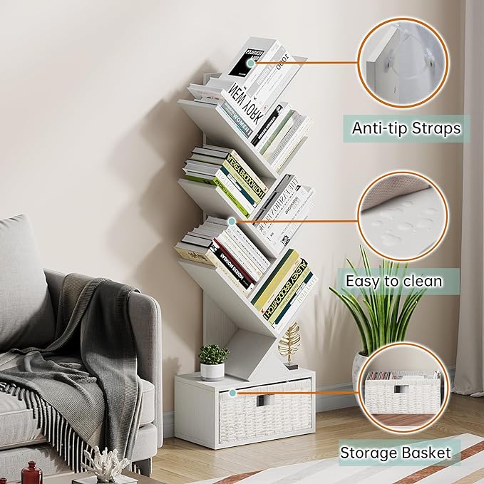 Vagusicc 6 Tier Tree Bookshelf, Modern Floor Standing Bookcase with Storage Drawer, Tall Wood Book Storage Rack for CDs/Books, Utility Book Organizer Shelves for Bedroom/Living Room/Home Office/Corner - LeafyLoom