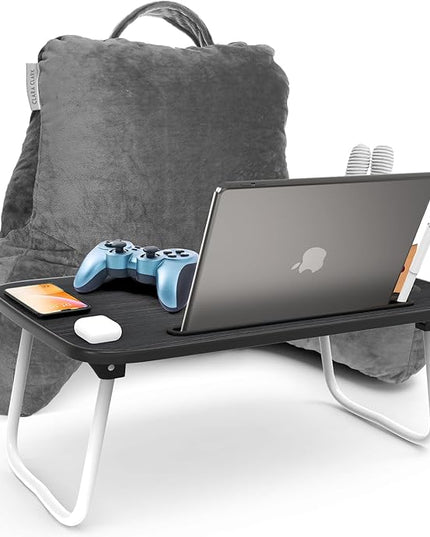 Clara Clark Reading Pillow with Portable Lap Desk Set for Kids, Back Pillow for Sitting Up in Bed, Memory Foam Back Support Pillow, Bed Rest Pillow with Foldable Laptop Desk, Small - Grey - LeafyLoom