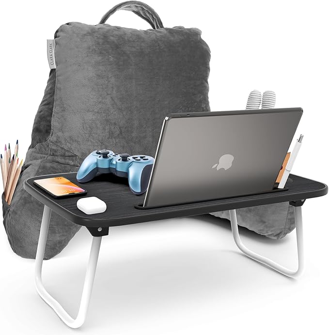 Clara Clark Reading Pillow with Portable Lap Desk Set for Kids, Back Pillow for Sitting Up in Bed, Memory Foam Back Support Pillow, Bed Rest Pillow with Foldable Laptop Desk, Small - Grey - LeafyLoom