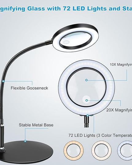 NZQXJXZ 20X10X Magnifying Glass with Light and Stand Lighted Magnifier with 72 LEDs 3 Color Modes and 10 Stepless Dimmable Desk Magnifying Lamp for Hobbies, Reading, Close Work, Jewelry - LeafyLoom