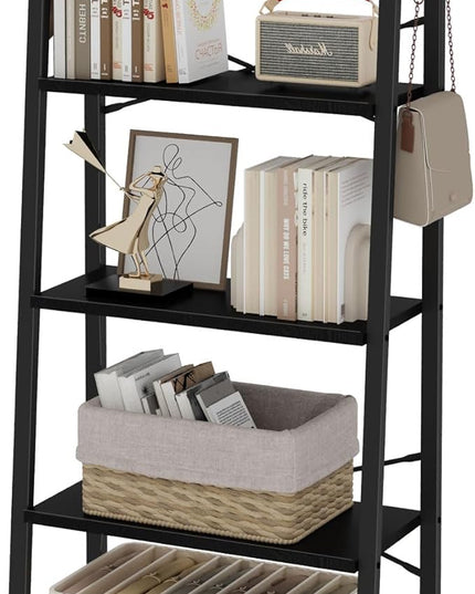 Ladder Shelf, Bookshelf Bookcase, Freestanding Corner Storage Shelve with 2 Hooks for Home Office, Living Room, Kitchen, Bedroom, Industrial, 5-Tier Black BC19304B - LeafyLoom