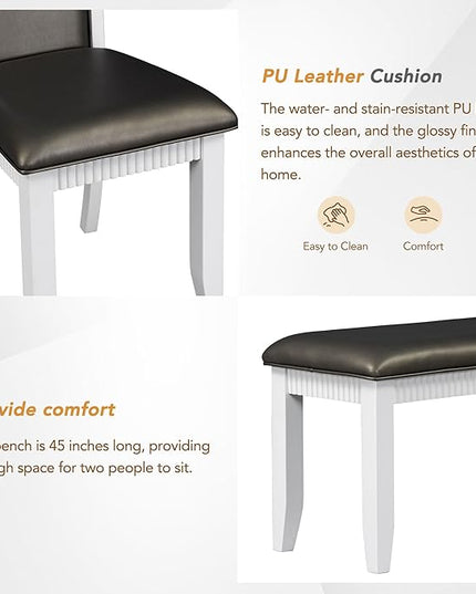 6-Piece Wood Dining Table Set with 4 Upholstered Chairs and Bench, for Kitchen Living Room, Farmhouse Rustic Style, 60" L x 36" W x 30" H, White+Gray(PU Leather) - LeafyLoom