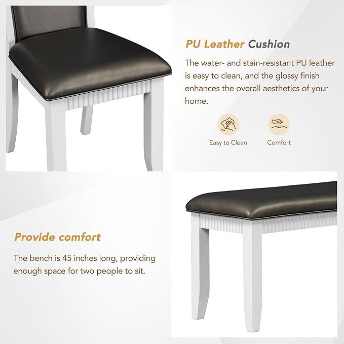 6-Piece Wood Dining Table Set with 4 Upholstered Chairs and Bench, for Kitchen Living Room, Farmhouse Rustic Style, 60" L x 36" W x 30" H, White+Gray(PU Leather) - LeafyLoom