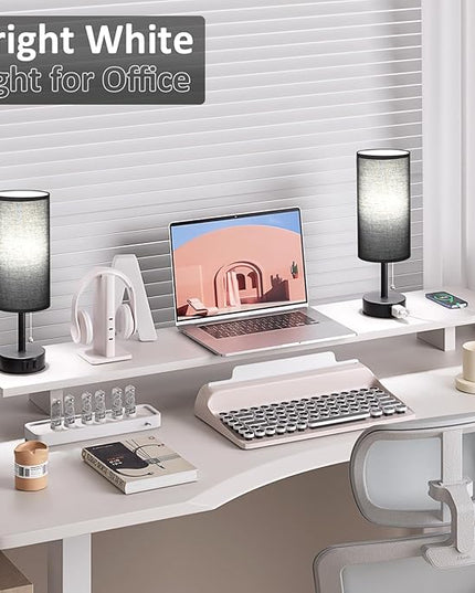 Black Bedside Table Lamps Set of 2-3 Color Temperatures Pull Chain Lamp with AC Outlet Charging Port, Two Round Night Stand Lamps for Bedroom Office, Small Bed Side Light with E26 LED Bulbs - LeafyLoom
