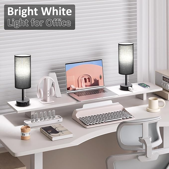 Black Bedside Table Lamps Set of 2-3 Color Temperatures Pull Chain Lamp with AC Outlet Charging Port, Two Round Night Stand Lamps for Bedroom Office, Small Bed Side Light with E26 LED Bulbs - LeafyLoom