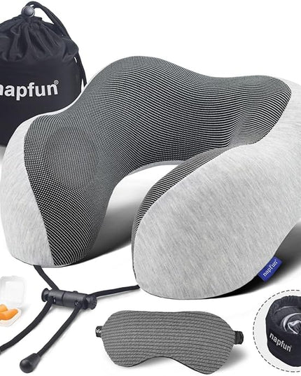 napfun Neck Pillow for Traveling, Travel Neck Pillow for Airplane 100% Pure Memory Foam Travel Pillow for Flight Headrest Sleep, Portable Plane Accessories, Light Grey Set - LeafyLoom