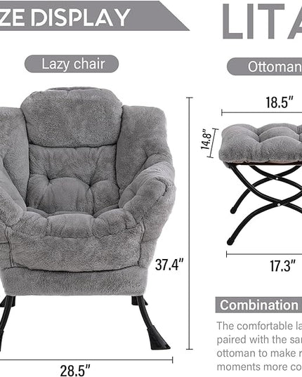 LITA Lazy Chair with Ottoman, Modern Accent Leisure Upholstered Sofa Chair, Contemporary Lounge Reading Chair with Armrests and a Side Pocket for Living Room, Bedroom & Small Space, Plush Grey - LeafyLoom