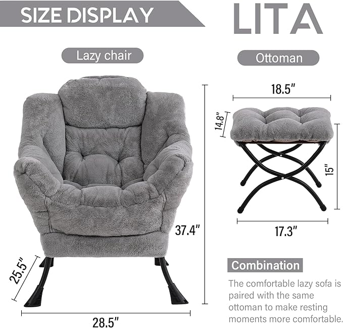 LITA Lazy Chair with Ottoman, Modern Accent Leisure Upholstered Sofa Chair, Contemporary Lounge Reading Chair with Armrests and a Side Pocket for Living Room, Bedroom & Small Space, Plush Grey - LeafyLoom
