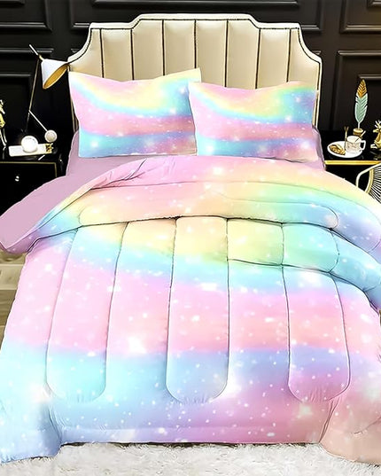 Kids Comforter Bedding Set 5 Piece Super Soft Breathable Print Kids Bedding Sets for Girls, Washable Durable Comforter Set with Comforter, Shams, Sheet, 2 Pillowcases (Gradient Color) - LeafyLoom